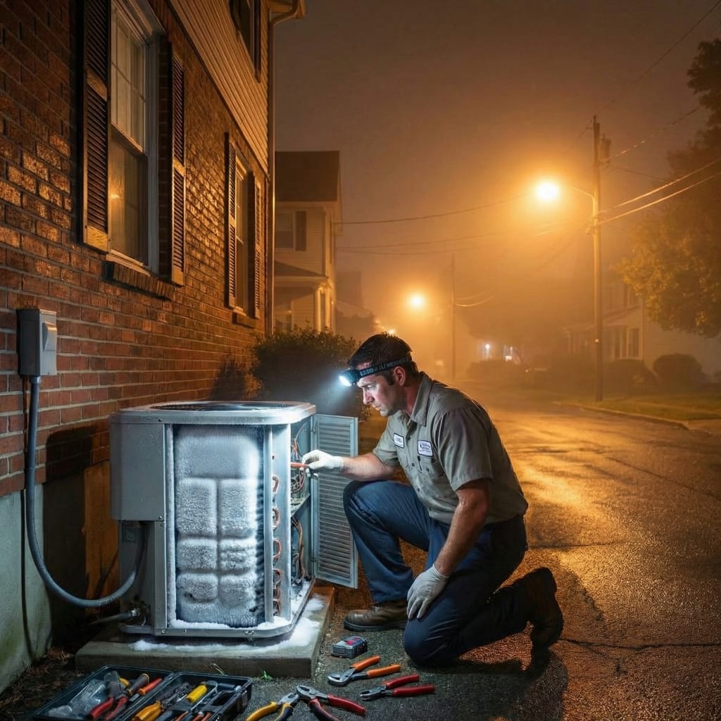 Technician examining a frozen AC condenser unit at night