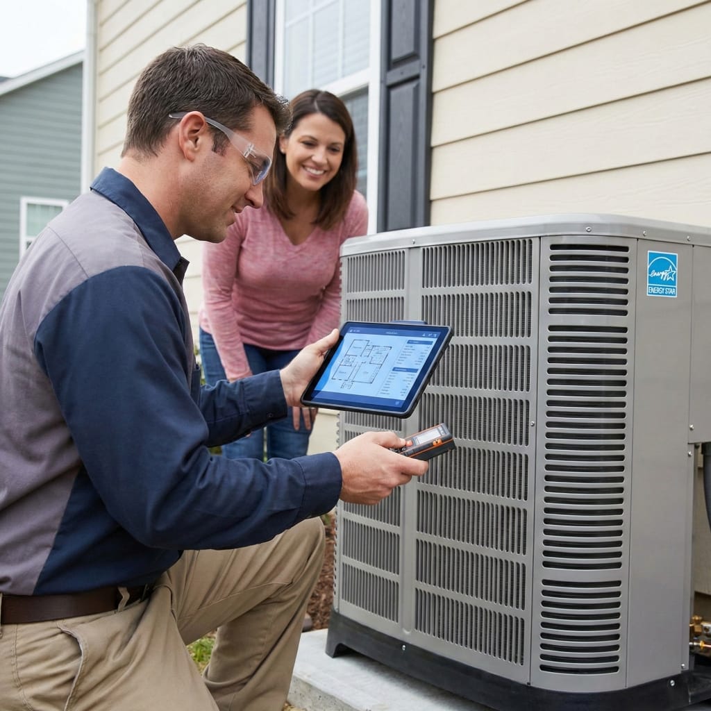 Technician showing AC replacement options on a tablet to homeowner