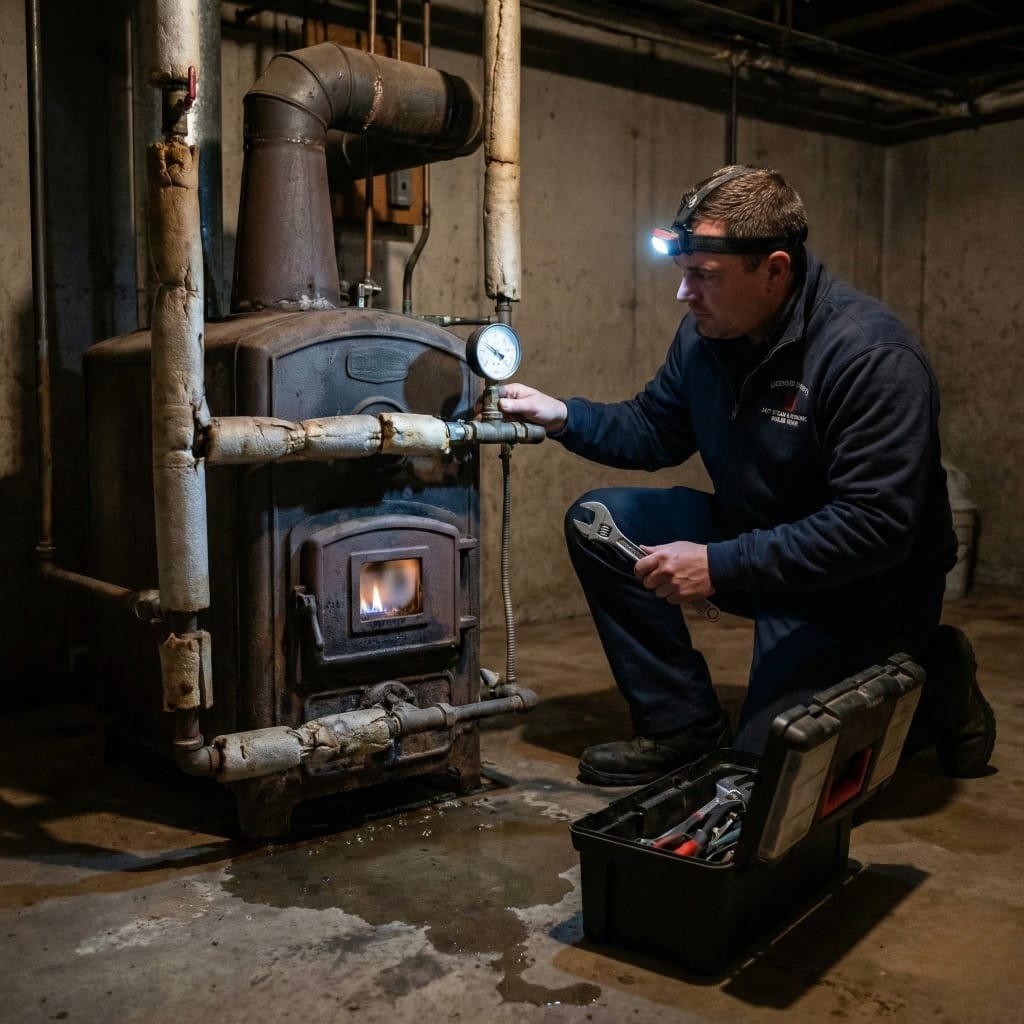 Technician performing emergency boiler repair