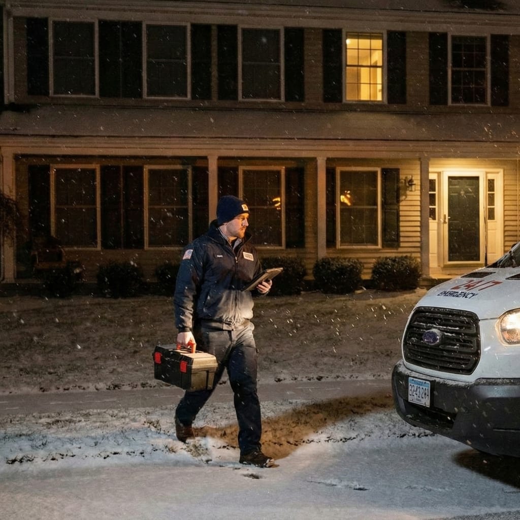 Technician arriving for emergency winter furnace repair