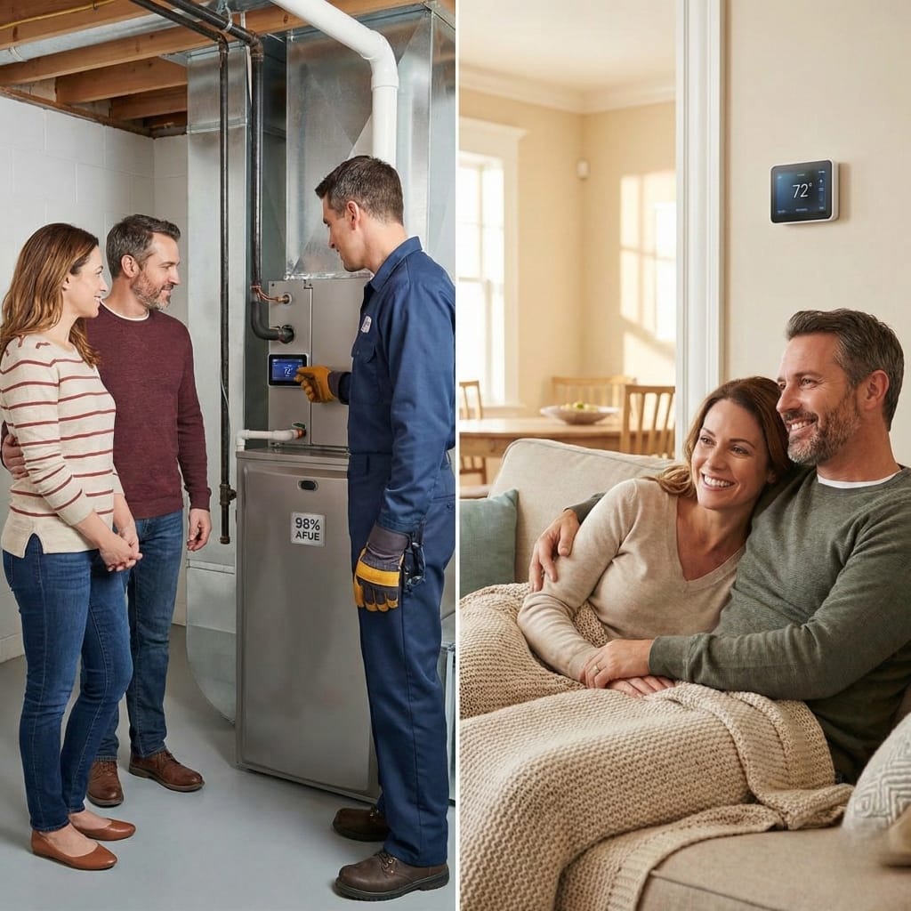 Family experiencing efficient heating with a new furnace