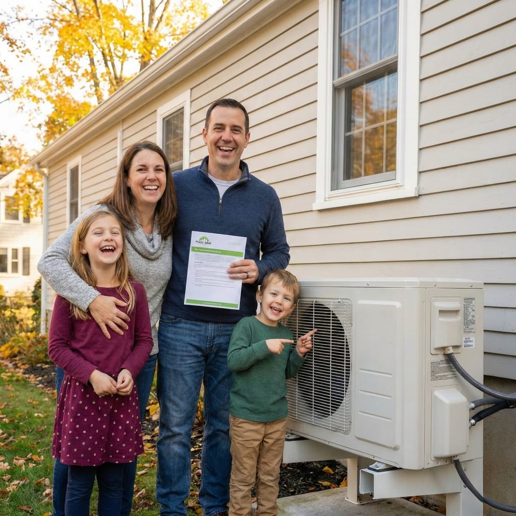 Massachusetts family reviewing Mass Save heat pump rebate savings