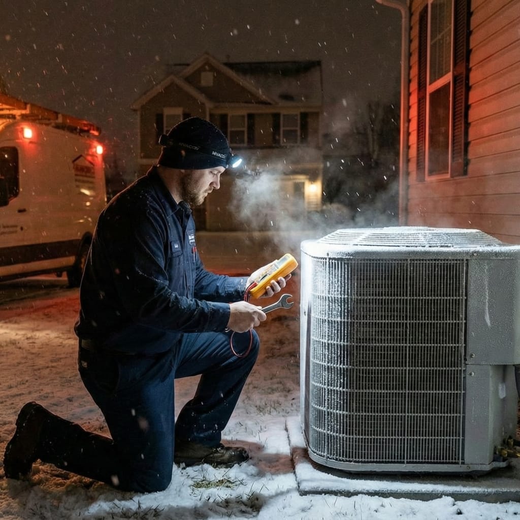 A.W. Puma technician repairing a heat pump in winter