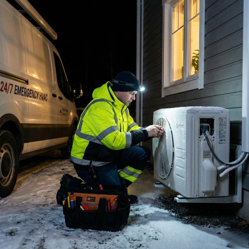 Technician inspecting mini split condenser at night