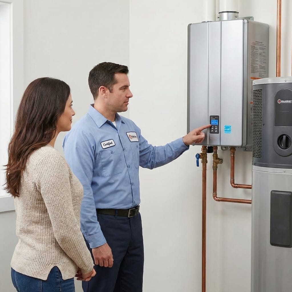 Technician showing tankless water heater controls to homeowner